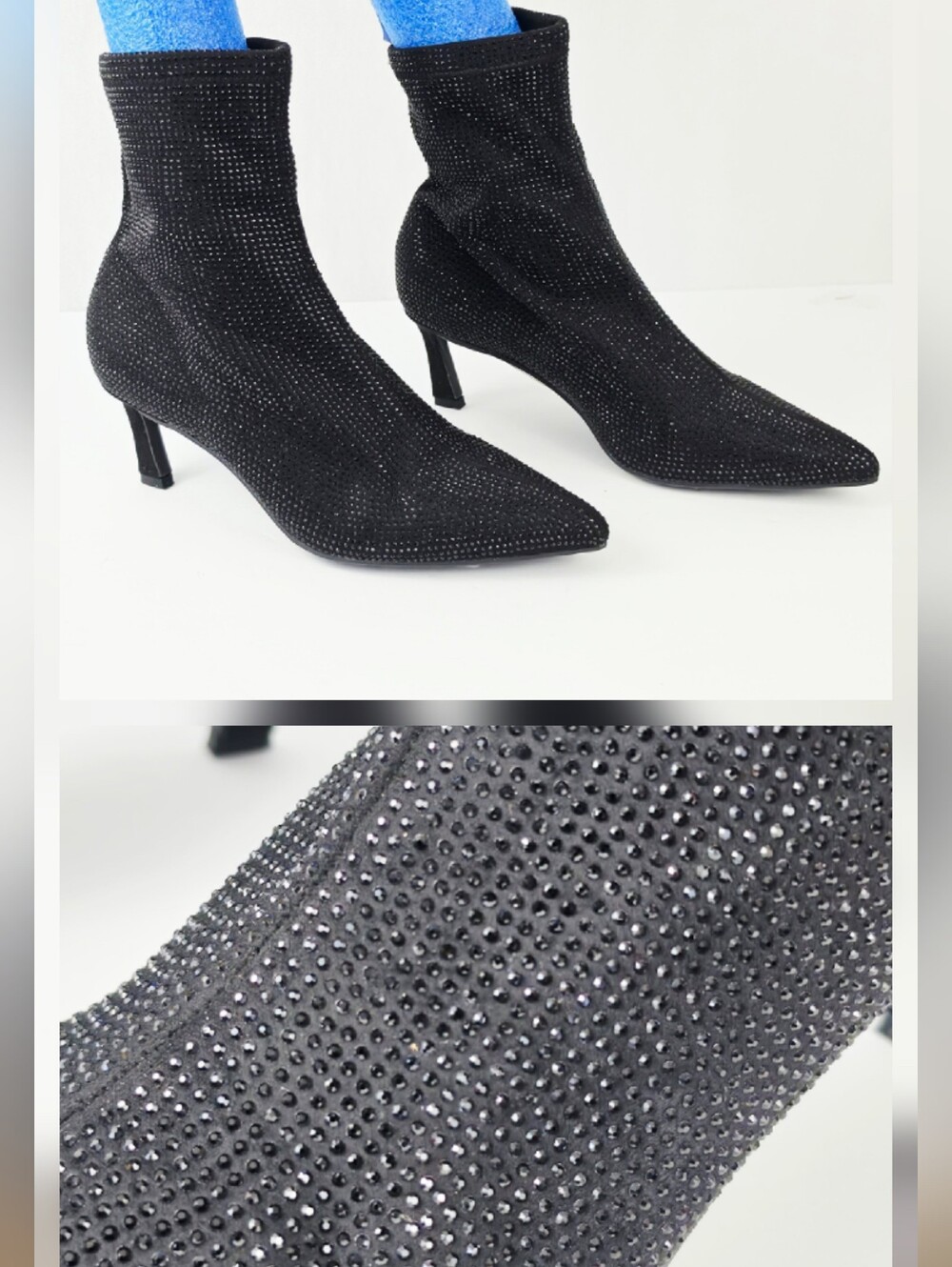 Anne Michelle Rhinestone Kitten Heel Sock Ankle Boots